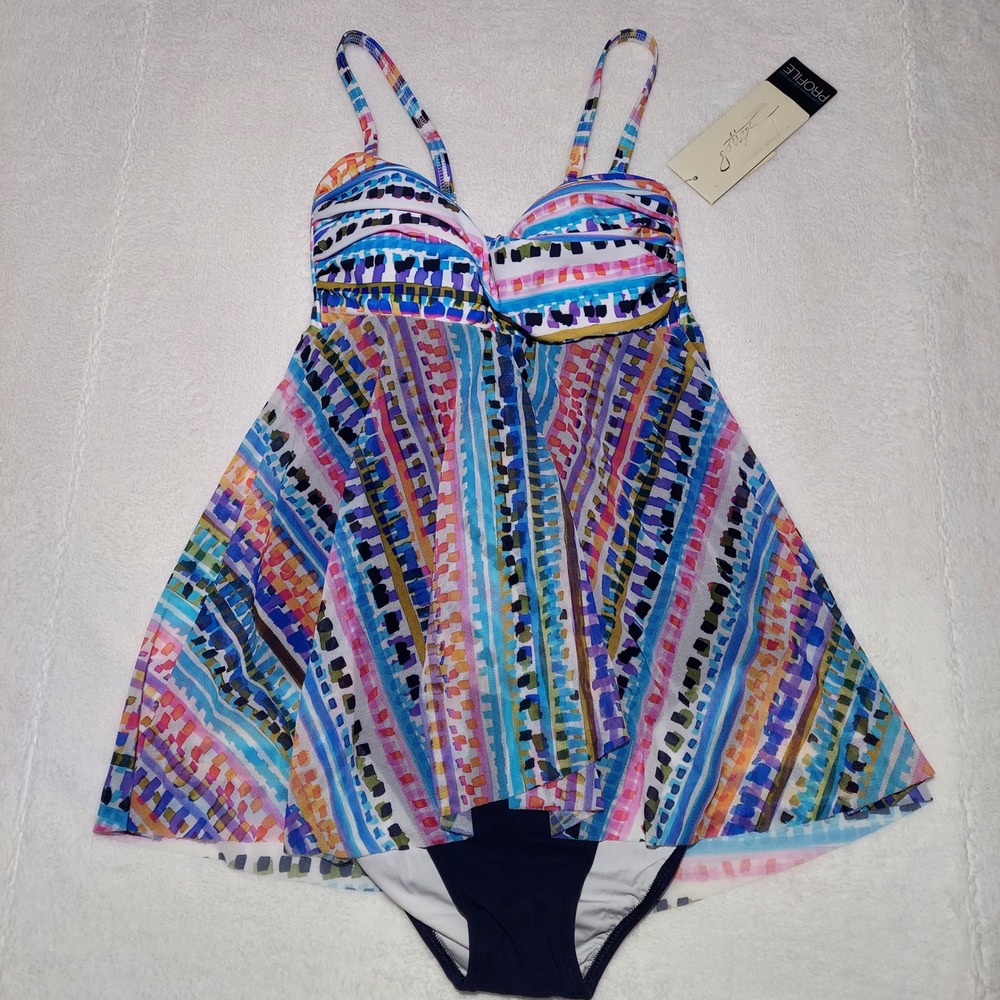 Gottex Swimdress Womens Size 6 Multi Blue NWT Profile Geometric Stripe E22102045